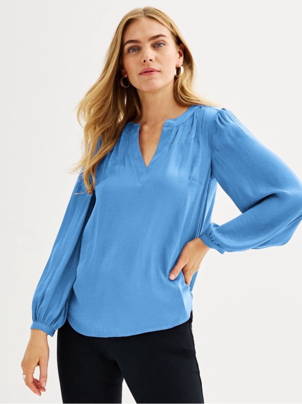 Nine West Sky Blue V-Neck Long Sleeve Blouse